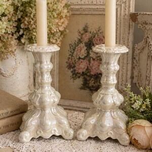 Vintage Iridescent Mother of Pearl Ceramic Candlestick Holders Pair Ornate White